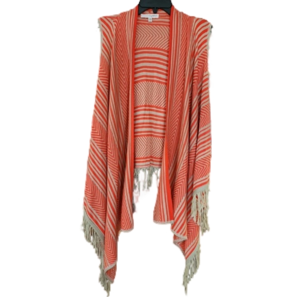 NWT Say What? Fringed Orange and Tan Sleeveless Cardigan Women's Small‎